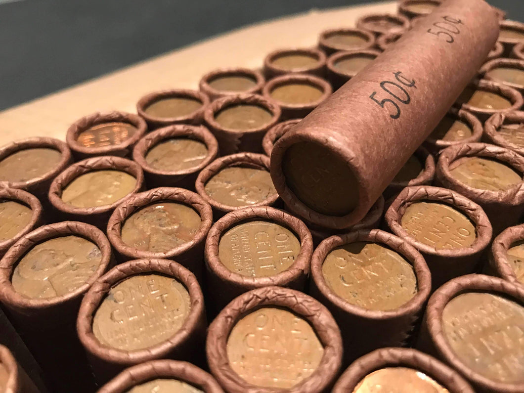 TIGHTLY CRIMPED ROLLS OF OLD WRAPPED WHEAT PENNIES