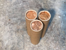 Load image into Gallery viewer, UNCIRCULATED WHEAT CENT showing on the end of old vintage us wheat penny roll coins estate lot sale vintage hoard collection hoard