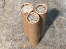 Load image into Gallery viewer, SILVER BARBER DIME showing on end of old brown vintage us wheat cent coin penny roll lot estate money sale cents hoard