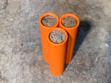 Load image into Gallery viewer, SILVER MERCURY DIME showing on end of orange unsearched old wheat penny roll us coins estate collection cent sale pennies lot hoard