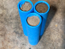 Load image into Gallery viewer, SILVER BARBER DIME showing on end of blue old vintage us wheat cent coin penny roll lot estate money sale cents hoard
