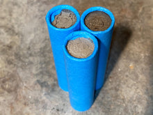 Load image into Gallery viewer, SILVER BARBER DIME showing on end of blue old vintage us wheat cent coin penny roll lot estate money sale cents hoard