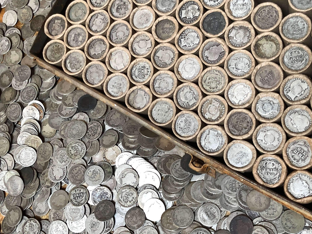 VINTAGE ROLLS OF WHEAT CENTS WITH BARBER DIMES SHOWING