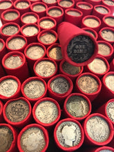 Load image into Gallery viewer, TIGHTLY CRIMPED RED BANK WRAPPED ROLLS OF WHEAT CENTS WITH BARBER DIMES SHOWING
