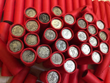 Load image into Gallery viewer, TIGHTLY CRIMPED RED BANK WRAPPED ROLLS OF WHEAT CENTS WITH BARBER DIMES SHOWING
