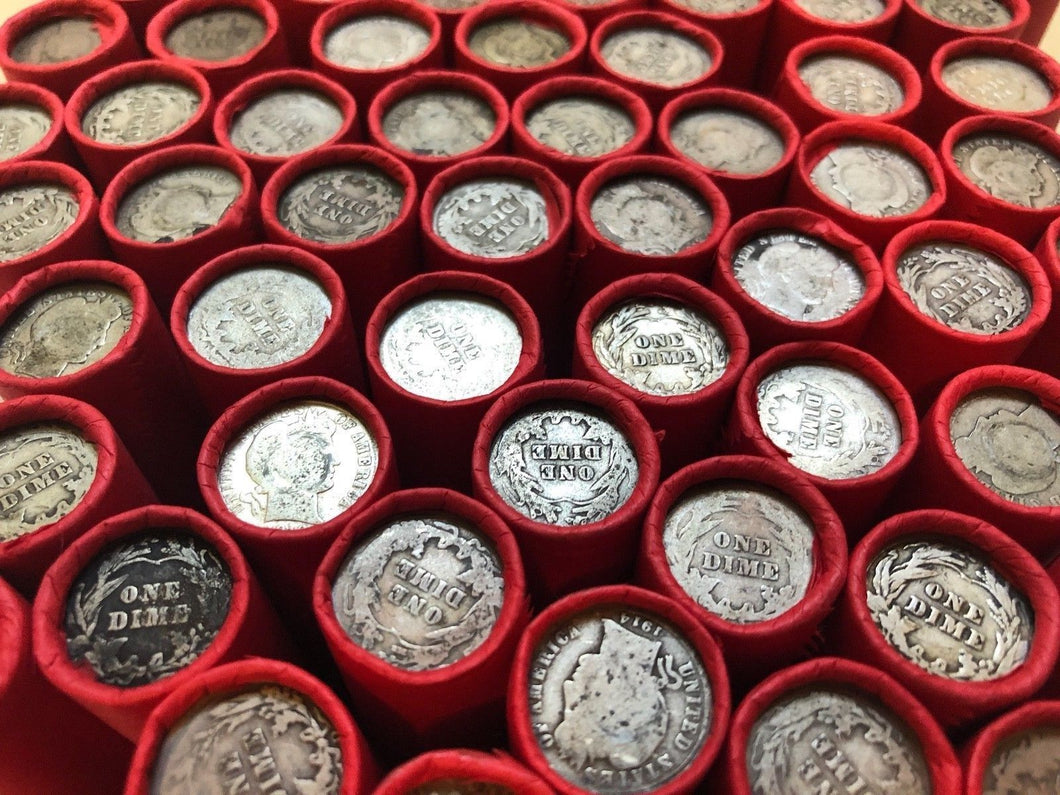 TIGHTLY CRIMPED RED BANK WRAPPED ROLLS OF WHEAT CENTS WITH BARBER DIMES SHOWING
