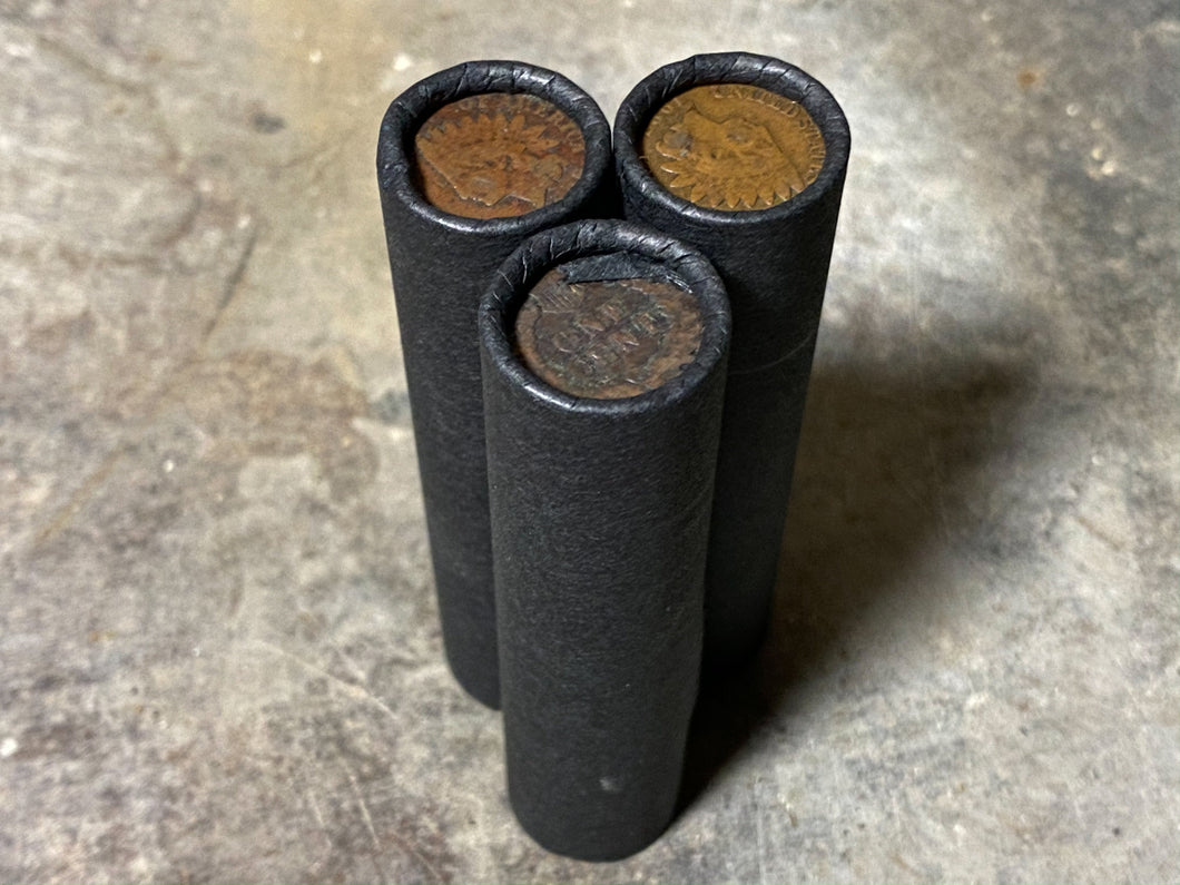 INDIAN HEAD CENT showing on end of old black unsearched us wheat penny roll cent coins estate collection sale lot hoard