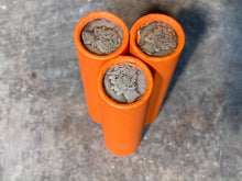 Load image into Gallery viewer, SILVER MERCURY DIME showing on end of orange unsearched old wheat penny roll us coins estate collection cent sale pennies lot hoard
