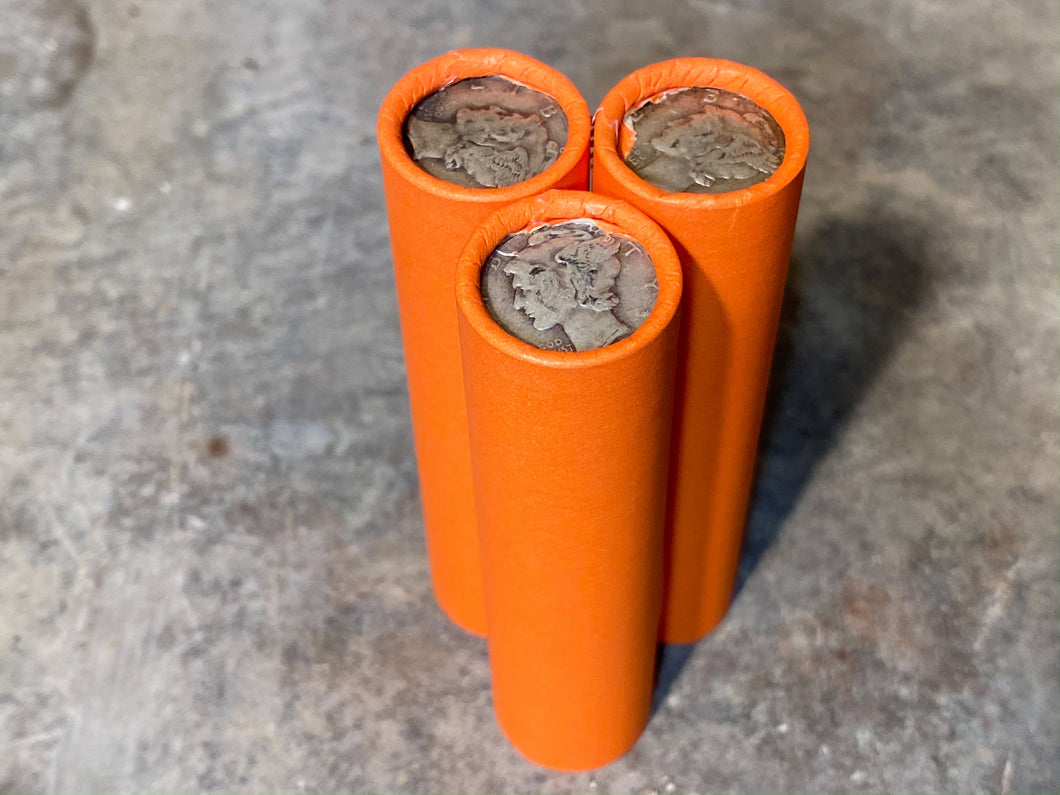 SILVER MERCURY DIME showing on end of orange unsearched old wheat penny roll us coins estate collection cent sale pennies lot hoard