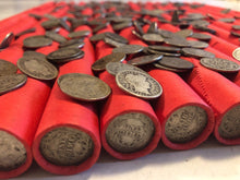 Load image into Gallery viewer, TIGHTLY CRIMPED RED BANK WRAPPED ROLLS OF WHEAT CENTS WITH BARBER DIMES SHOWING
