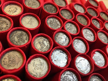 Load image into Gallery viewer, TIGHTLY CRIMPED RED BANK WRAPPED ROLLS OF WHEAT CENTS WITH BARBER DIMES SHOWING
