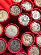 Load image into Gallery viewer, TIGHTLY CRIMPED RED BANK WRAPPED ROLLS OF WHEAT CENTS WITH BARBER DIMES SHOWING
