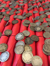 Load image into Gallery viewer, TIGHTLY CRIMPED RED BANK WRAPPED ROLLS OF WHEAT CENTS WITH BARBER DIMES SHOWING
